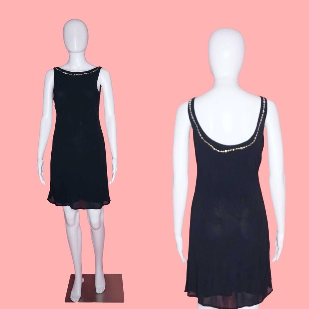 Y2K TESSUTO PETITES Dress W/Scoop Back & Iridescent/RHINESTONE Trim. XS. AS IS